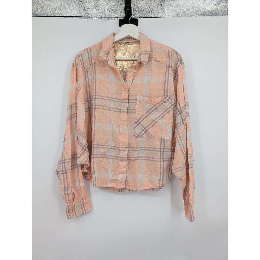 Free People Cropped Cutie Plaid Button Down Medium Cotton Comfort Dolman Sleeves